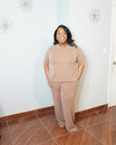 Front view of plus size ribbed two piece set with wide leg pants and pockets