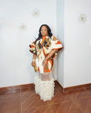 Curvy woman wearing statement sleeve dress