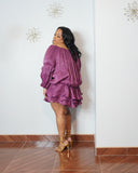 Plum pleated mini dress with balloon sleeves for curvy women