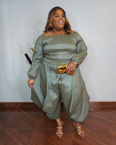 Plus size olive off shoulder pant set with wide leg pants and elastic waist styled with heels