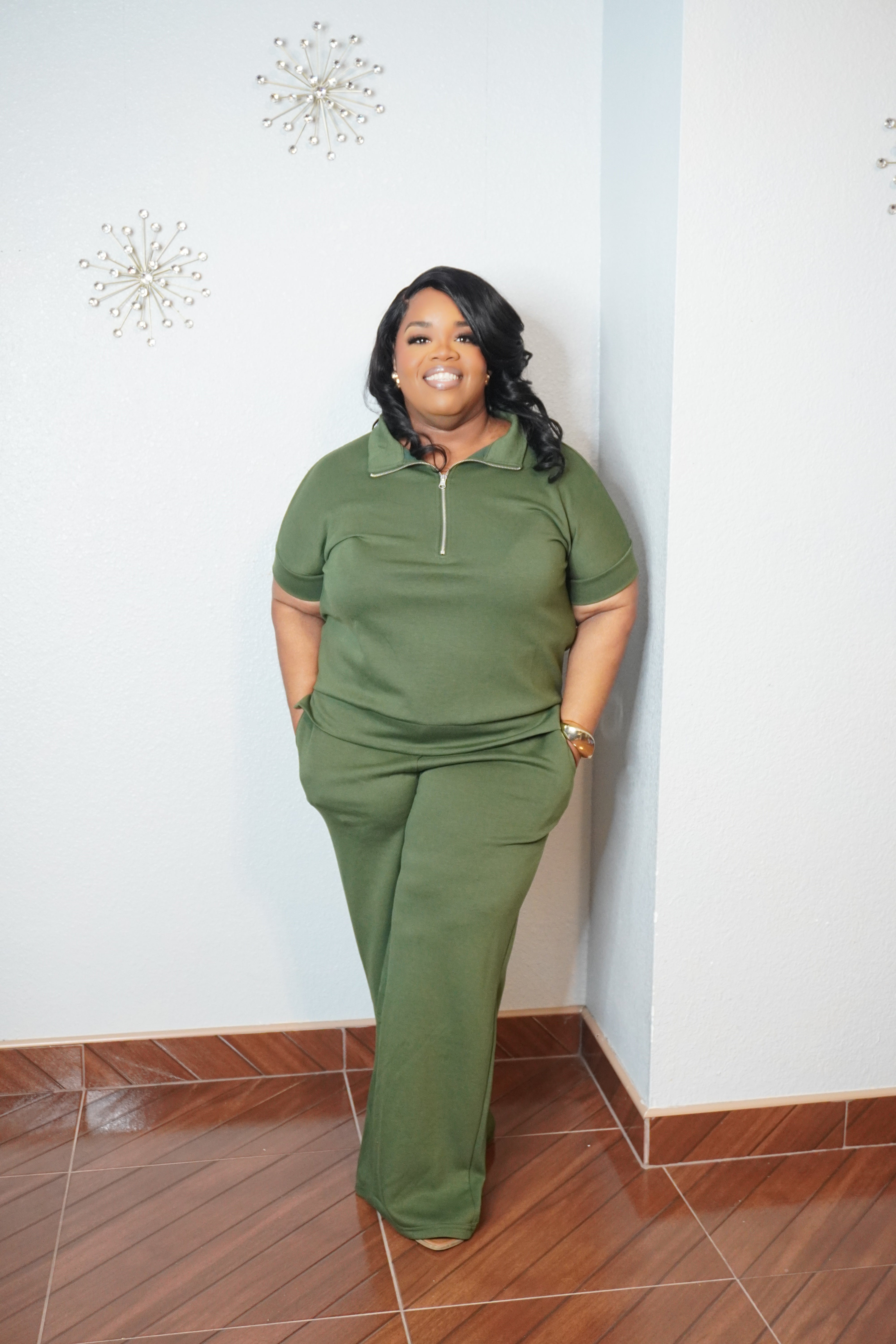 Olive green matching set with wide leg pants