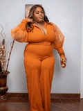 Long Rust Sheer Puff Arm Jumpsuit