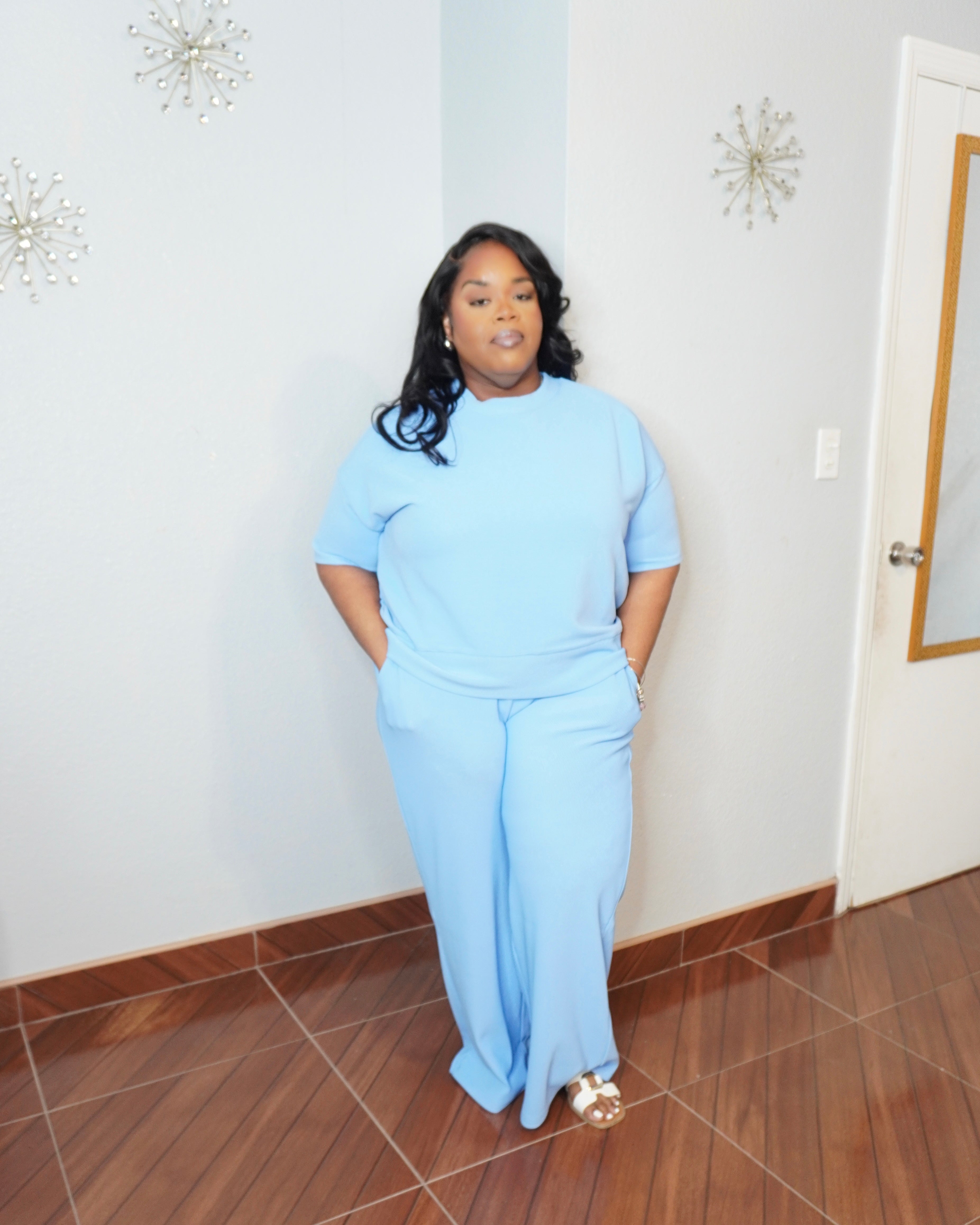 Plus size ribbed knit pant set with round neck top and wide leg pants front view