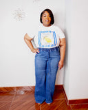 Plus size stretch denim drawstring pants with elastic waistband and tall girl friendly wide leg fit