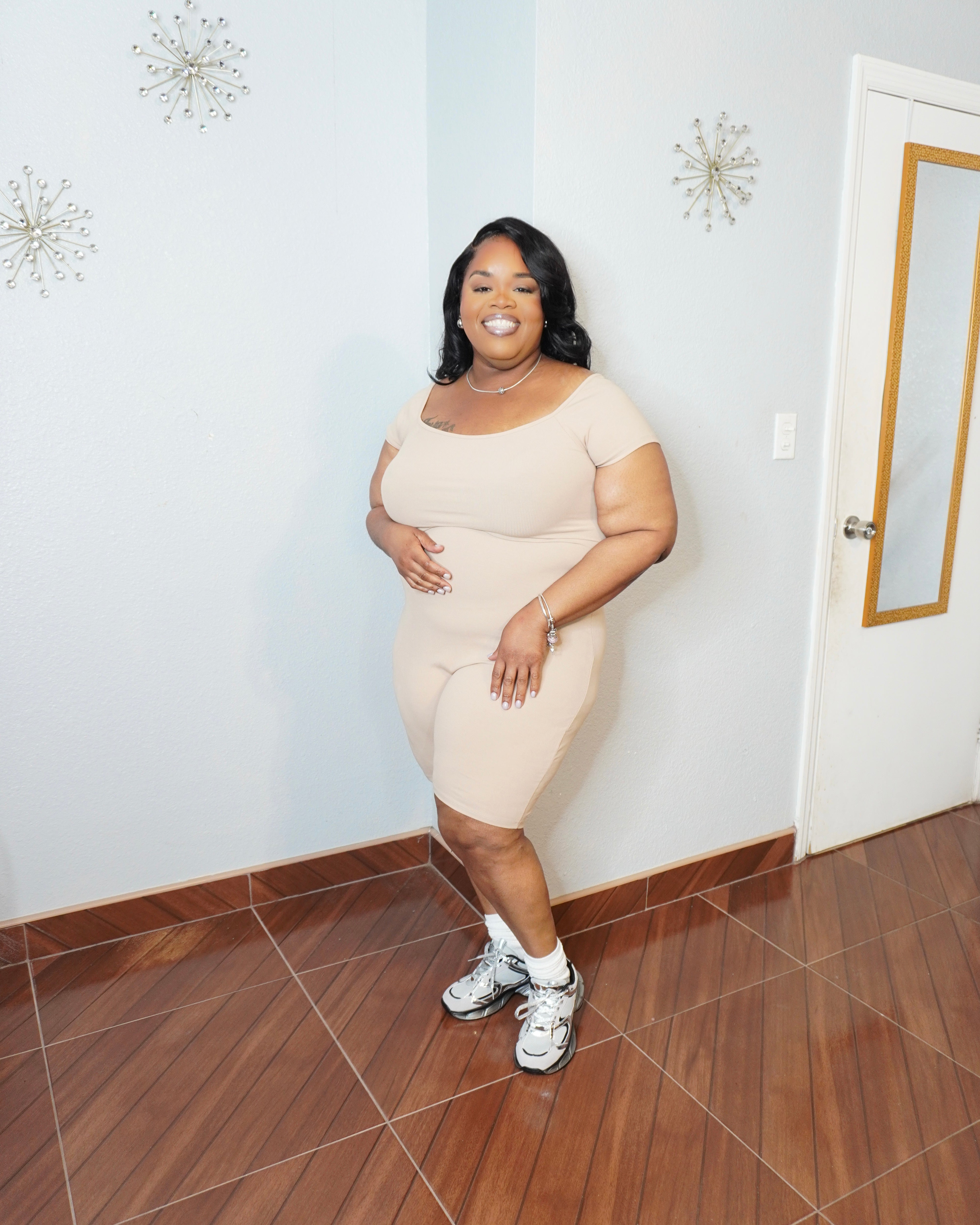 Plus size basic biker romper with short sleeves front view