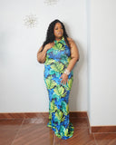 Back view of tropical print maxi dress for curvy women