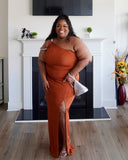 One Shoulder Detail Rust Dress