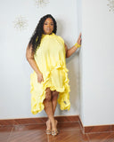 Plus size yellow ruffle two-piece shorts set with high-low top