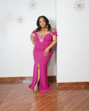 Front view of plus size magenta evening gown with glamorous fitted silhouette