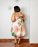 Back view of plus size tropical dress with tie detail