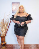 Plus size black ruched taffeta off shoulder mini dress with ruffle sleeves front view