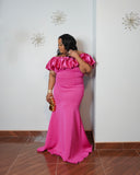 Front view of luxury plus size mermaid evening gown in pink