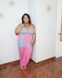 Plus size color block crop top and wide leg pants set