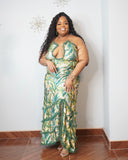 Plus size tropical print halter maxi dress with ruched detail