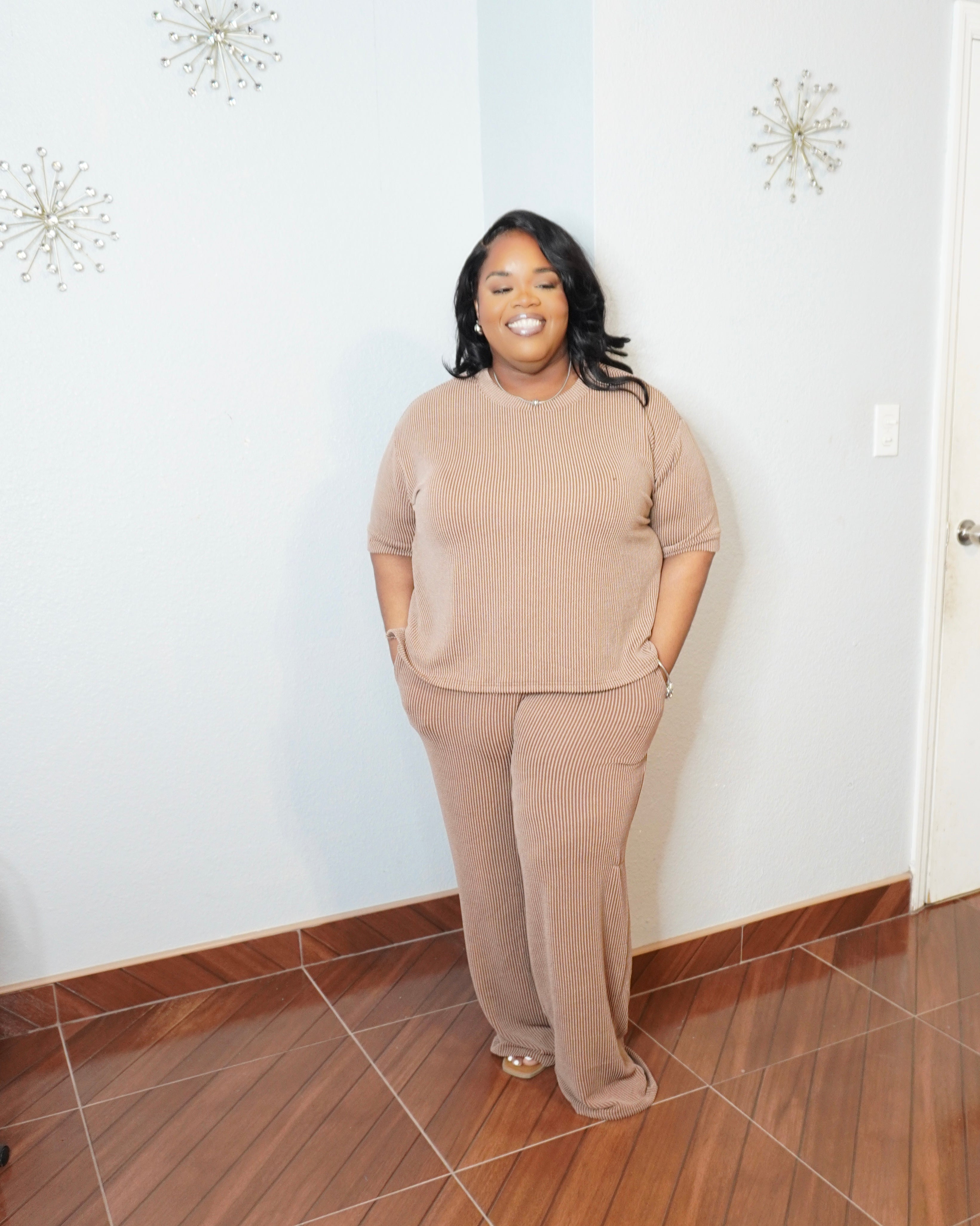 Front view of plus size ribbed two piece set with wide leg pants and pockets