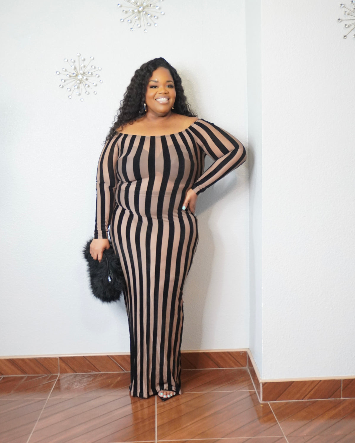 Midnight Muse Off Shoulder Stripe Maxi Dress