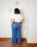 Back view of plus size stretch denim wide leg pants with elastic drawstring waistband
