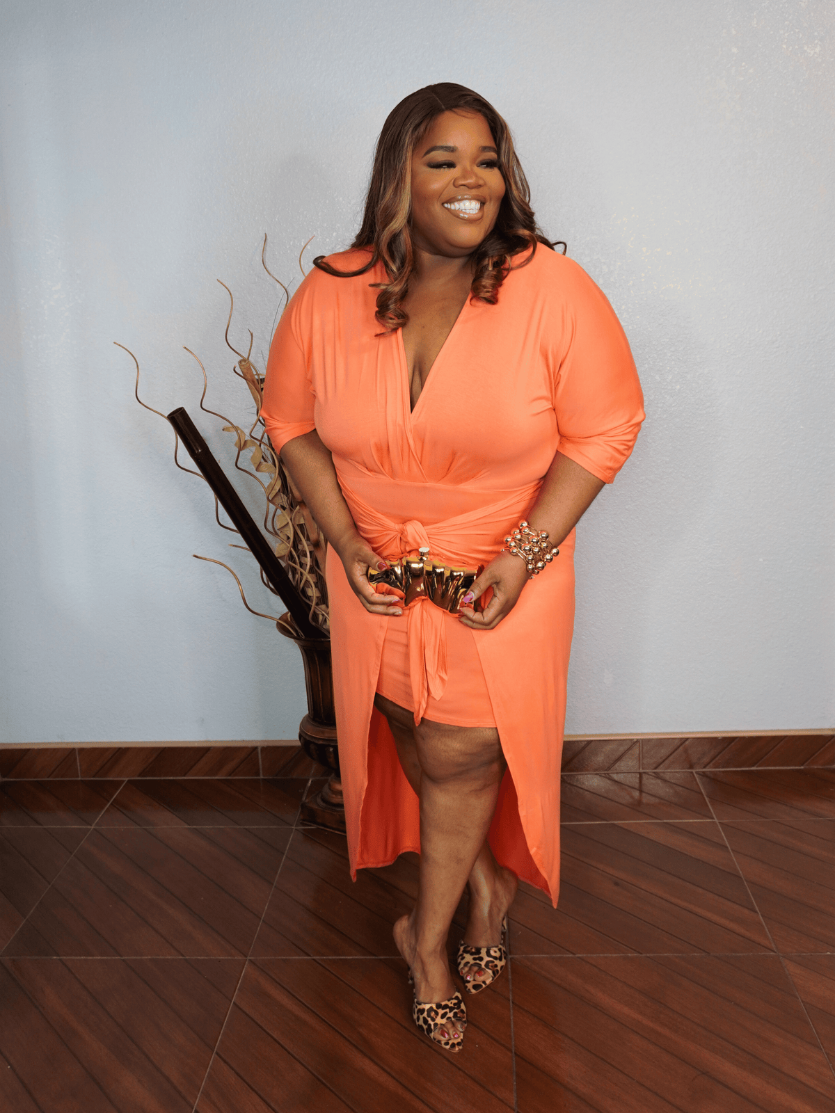 Coral Front Tie V Neck Dress