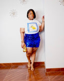 Stretch plus size graphic t-shirt styled with sequin skirt