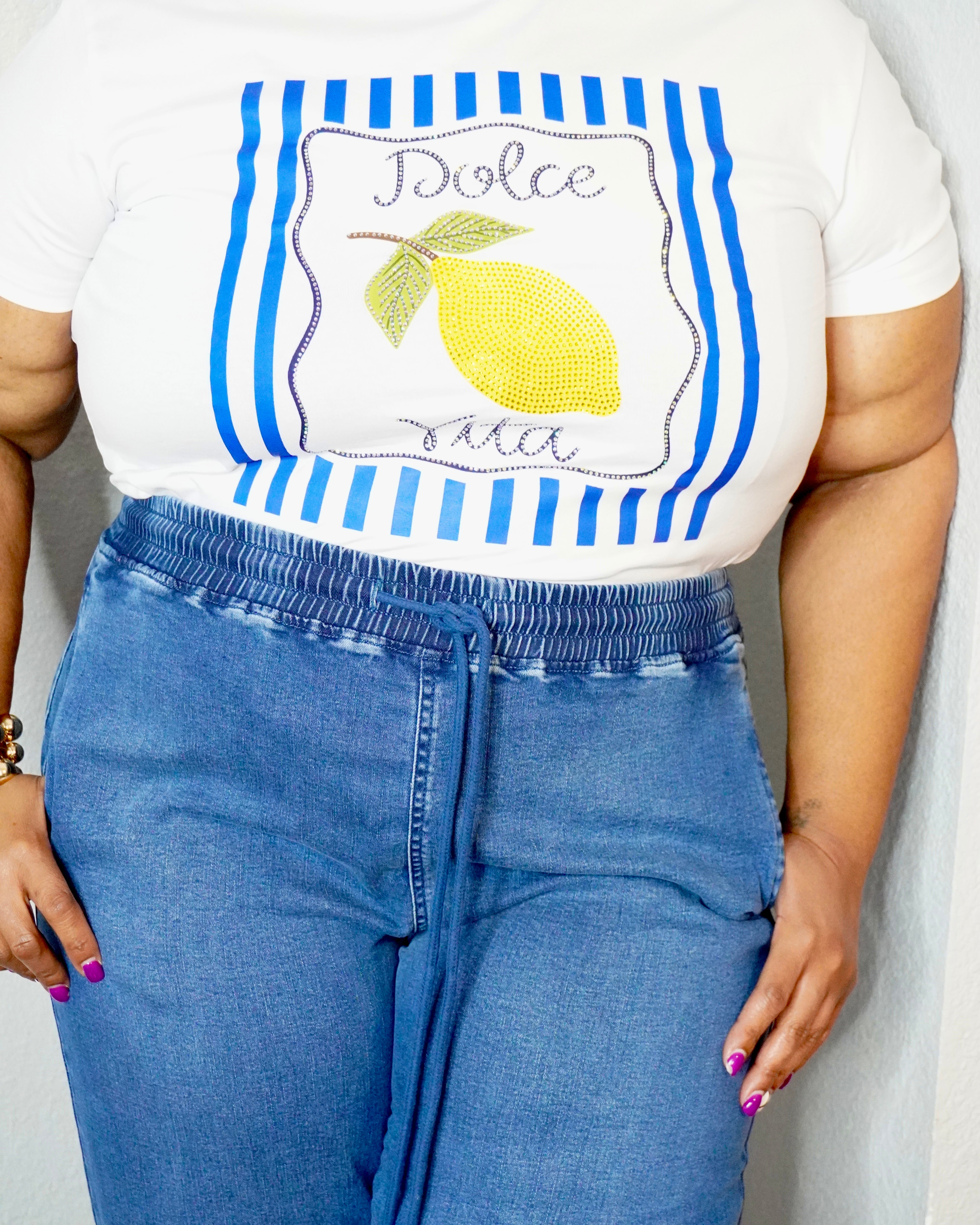 Plus size soft denim drawstring pants with stretchy waist pockets and full length wide leg