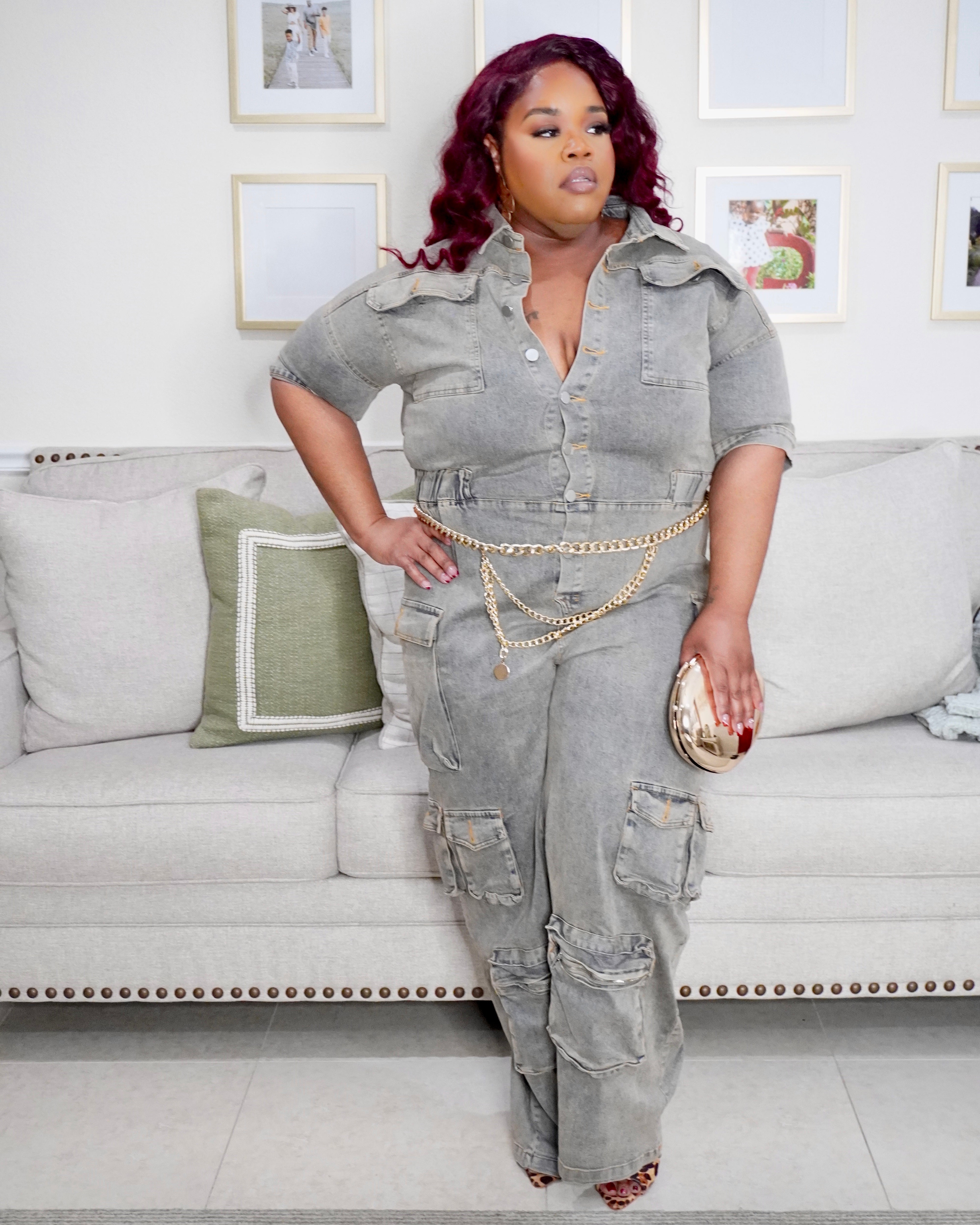 Plus size cargo denim jumpsuit front view with wide leg fit from Lysaire boutique