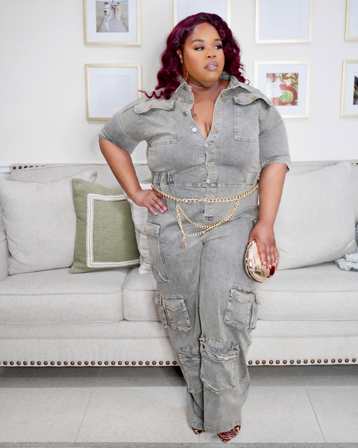 Plus size cargo denim jumpsuit front view with wide leg fit from Lysaire boutique