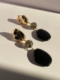Oversized black and gold dangle earrings featuring polished gold accents, cream and black animal-print beads, and black oval pendants