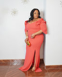 Front view of elegant plus size coral gown with sweetheart neckline