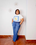 Plus size soft denim drawstring pants with stretchy waist pockets and full length wide leg