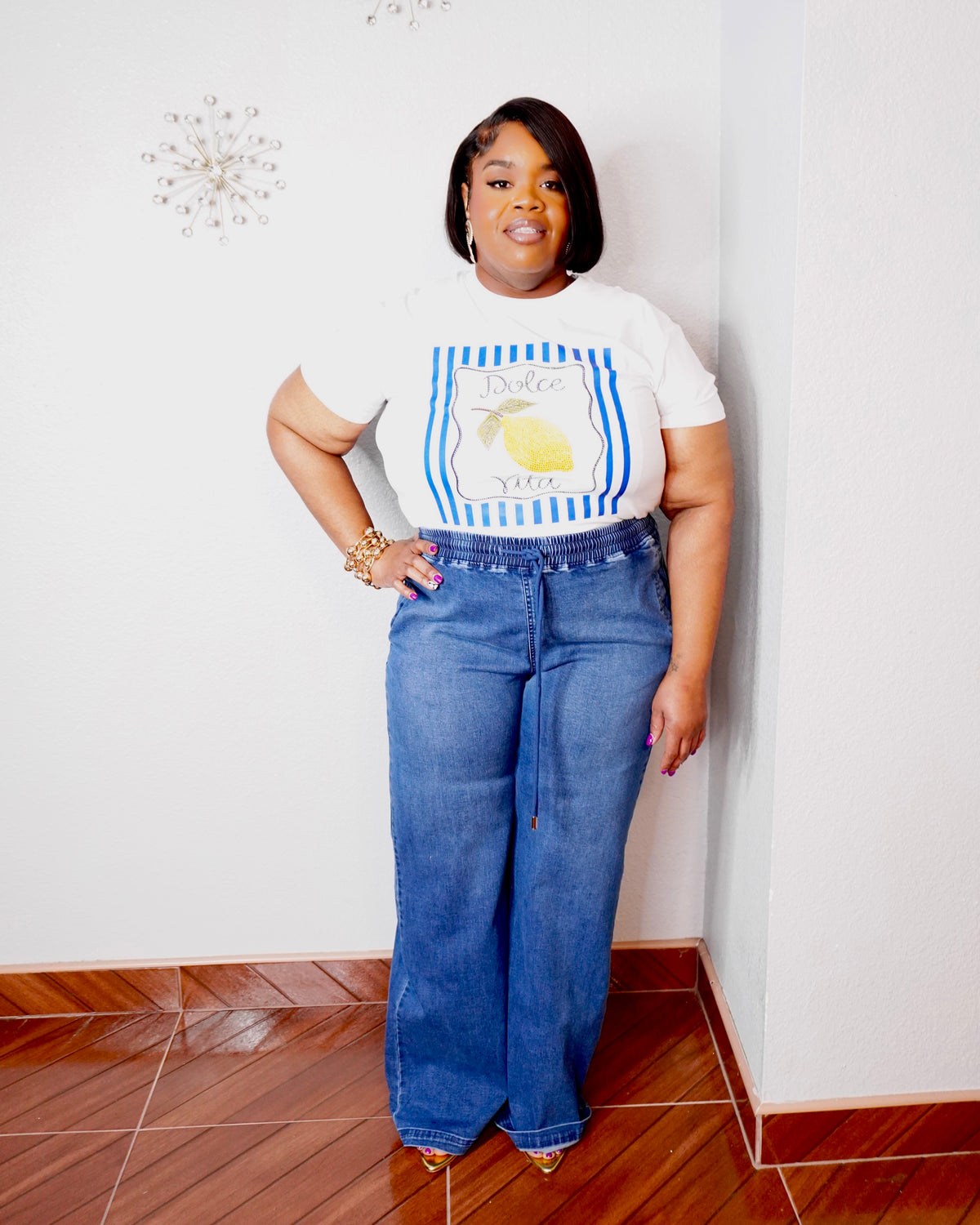 Plus size stretch denim drawstring pants with elastic waistband and tall girl friendly wide leg fit