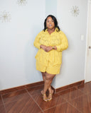 Plus size model wearing yellow textured short set front view