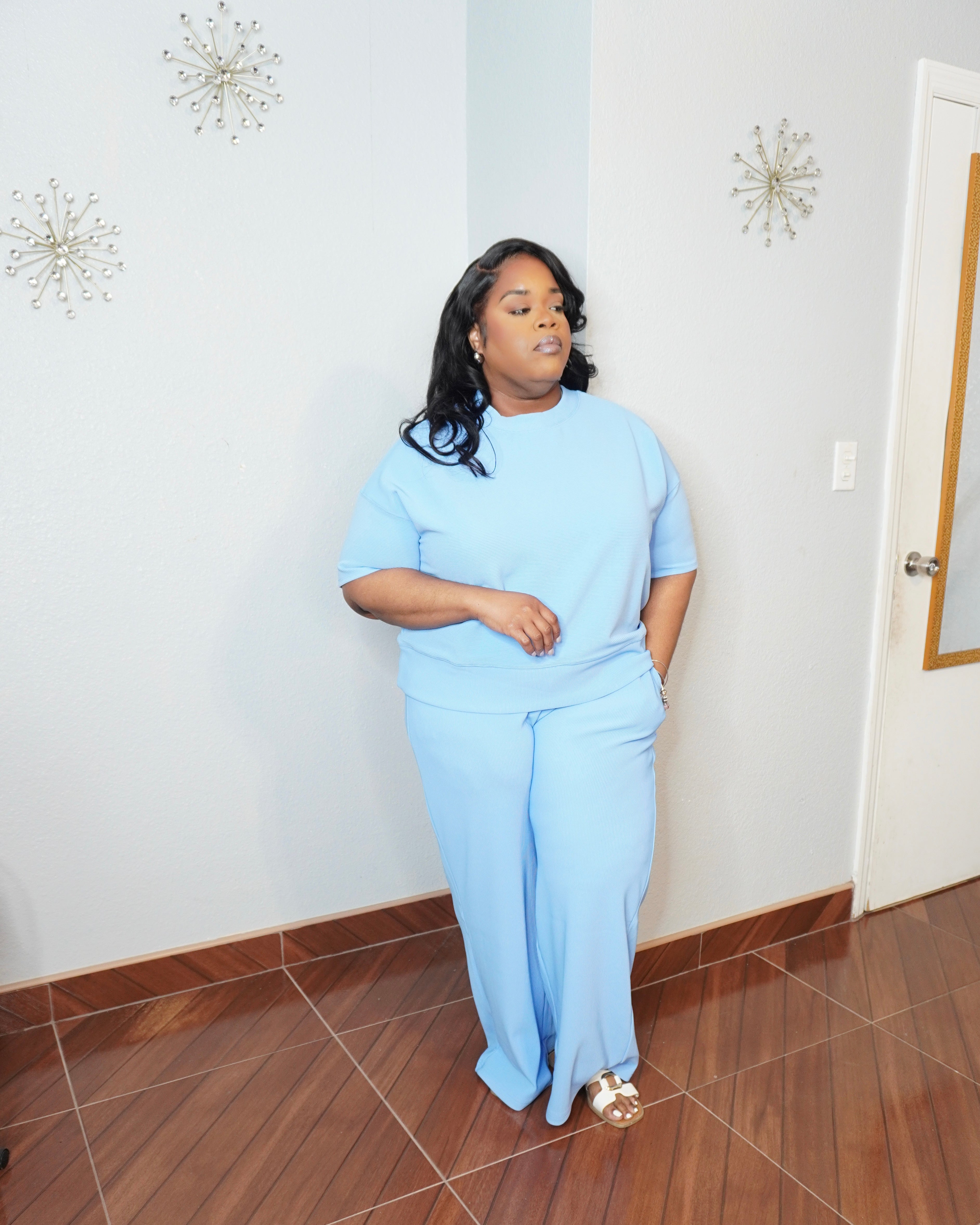 Front view of plus size ribbed two piece set with relaxed top and flowy pants