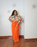 Plus size green high-waisted wide-leg pants with tie waist