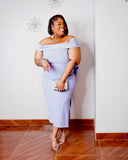 Elegant powder blue plus-size wedding guest dress featuring an off-the-shoulder neckline.