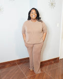 Plus size ribbed drawstring pant set with short sleeve top front view