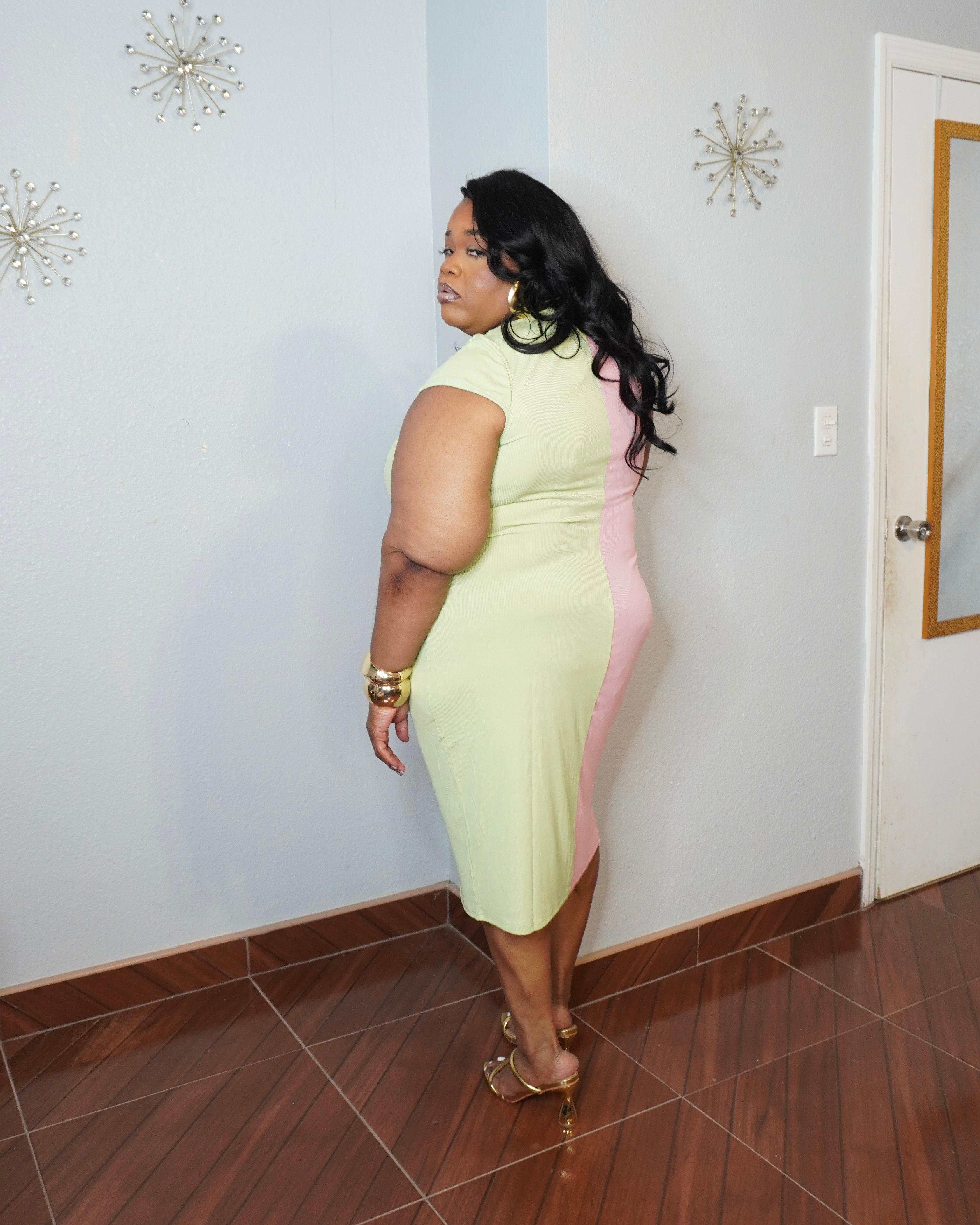 Back view of plus size two tone stretch midi dress