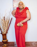 Red Rose Shoulder Draped Jumpsuit