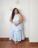 Plus size light blue pleated tiered maxi dress