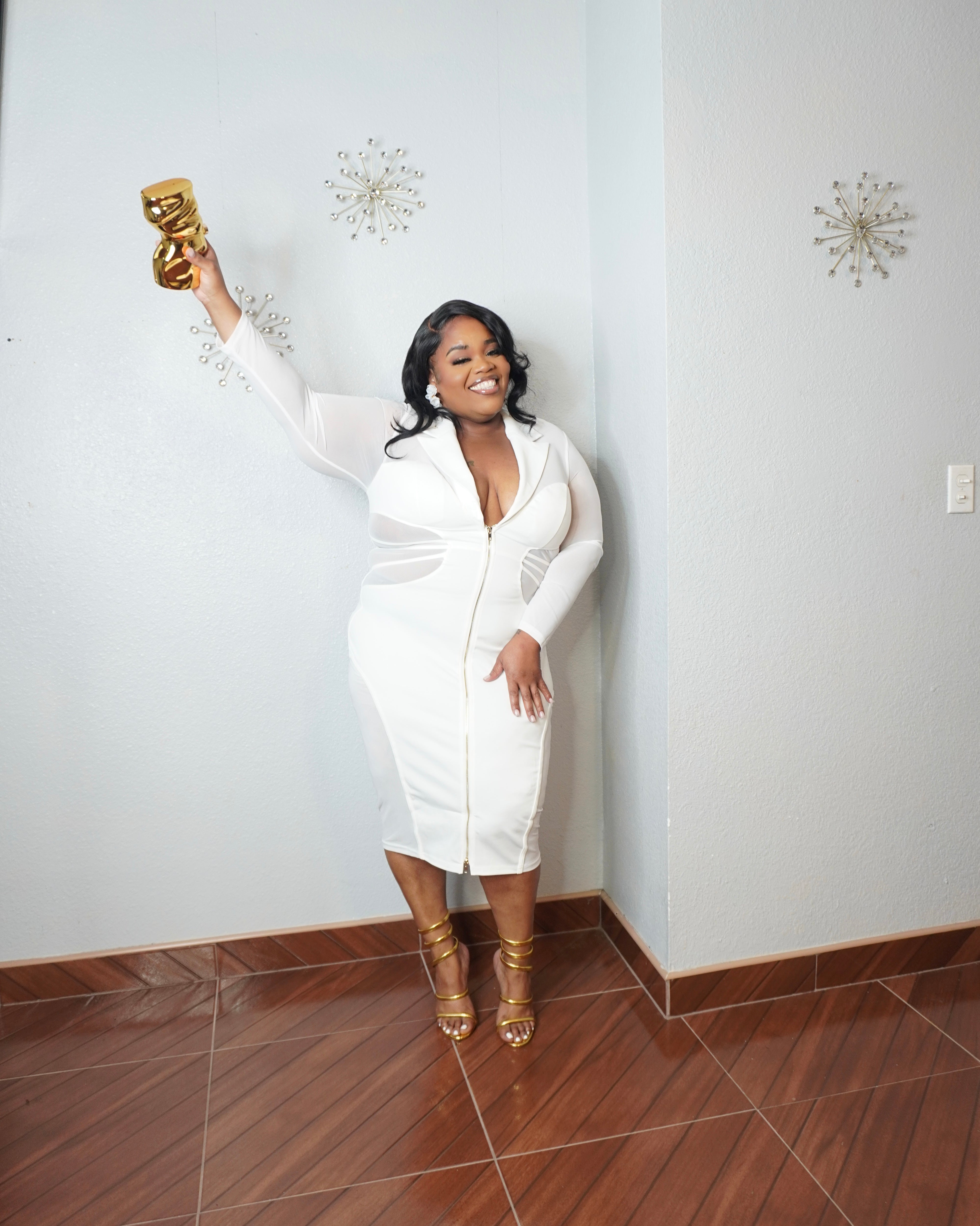 Curvy woman wearing luxury white bodycon dress