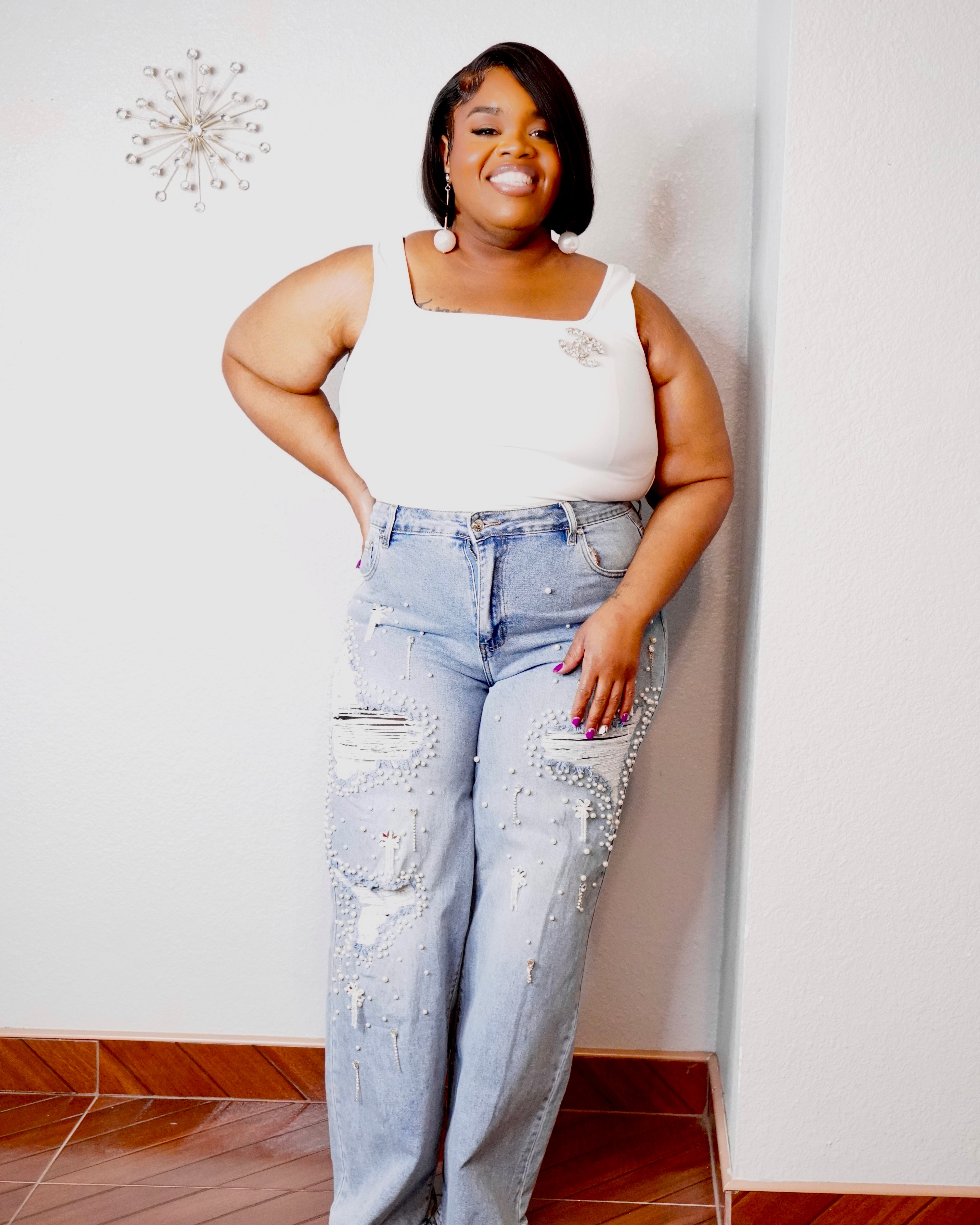 Plus size pearl embellished wide leg distressed jeans