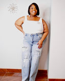 Plus size pearl embellished wide leg distressed jeans