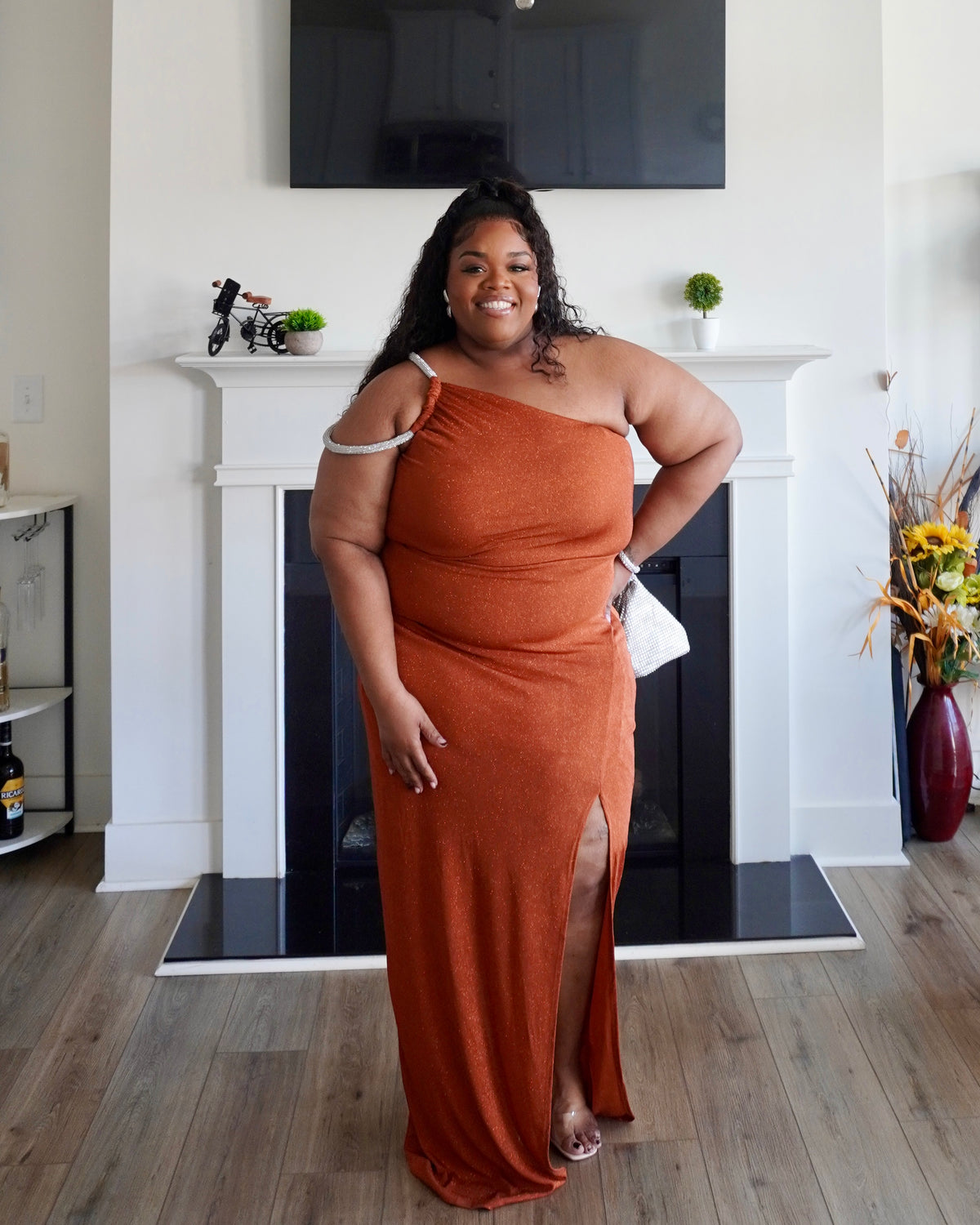 One Shoulder Detail Rust Dress