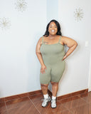 Plus size olive stretch biker romper with spaghetti straps front view