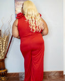 Red Rose Shoulder Draped Jumpsuit