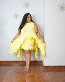 Plus size yellow high-low ruffle shorts outfit for women