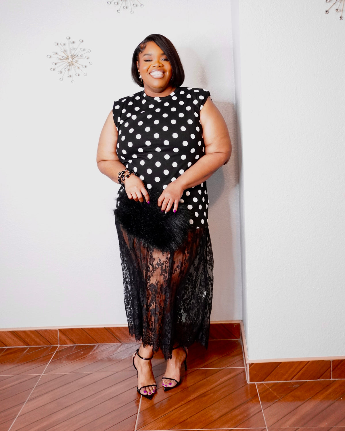 Black and white plus size polka dot dress with long sheer lace detail