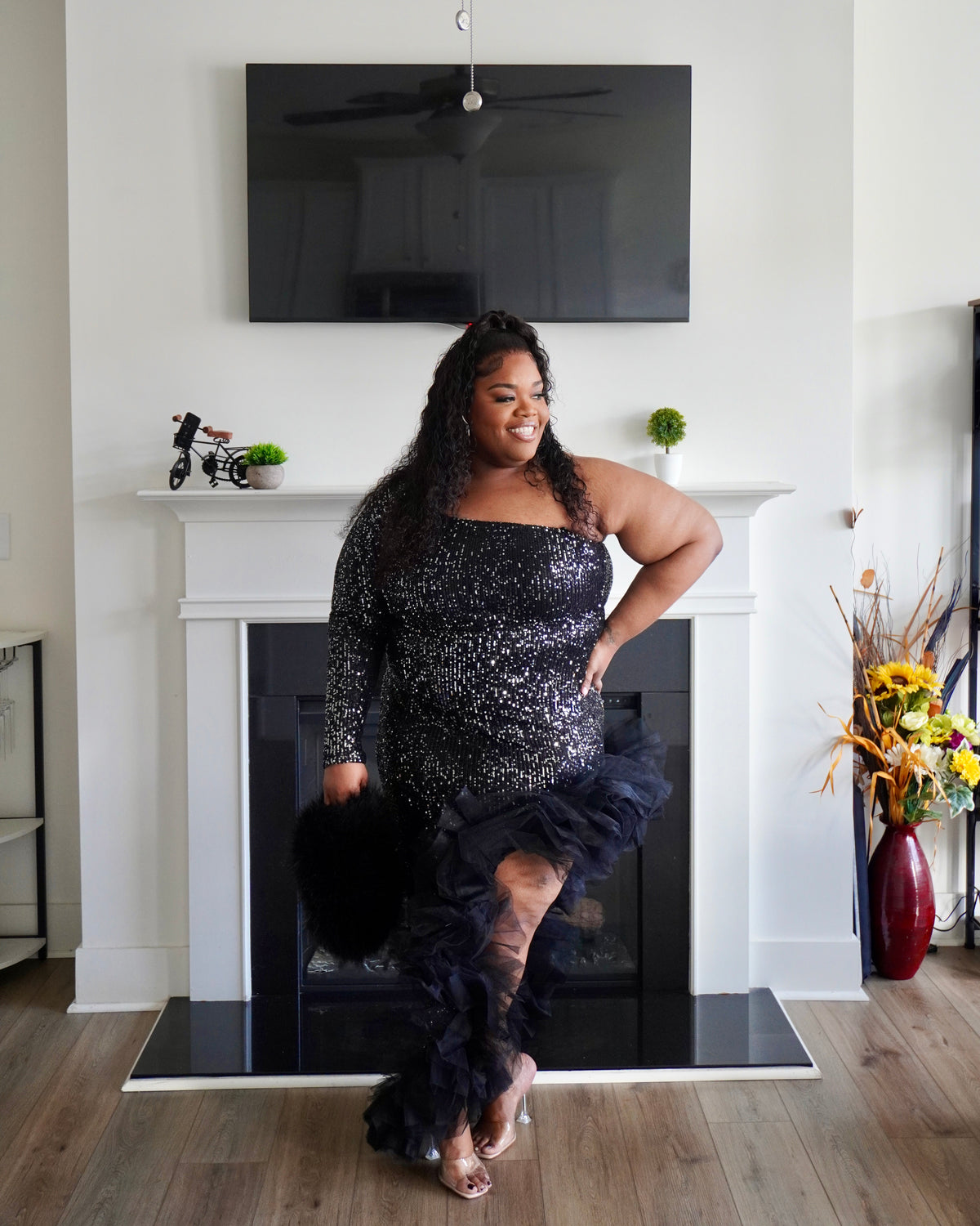 Black High Low Sequins Ruffle Dress