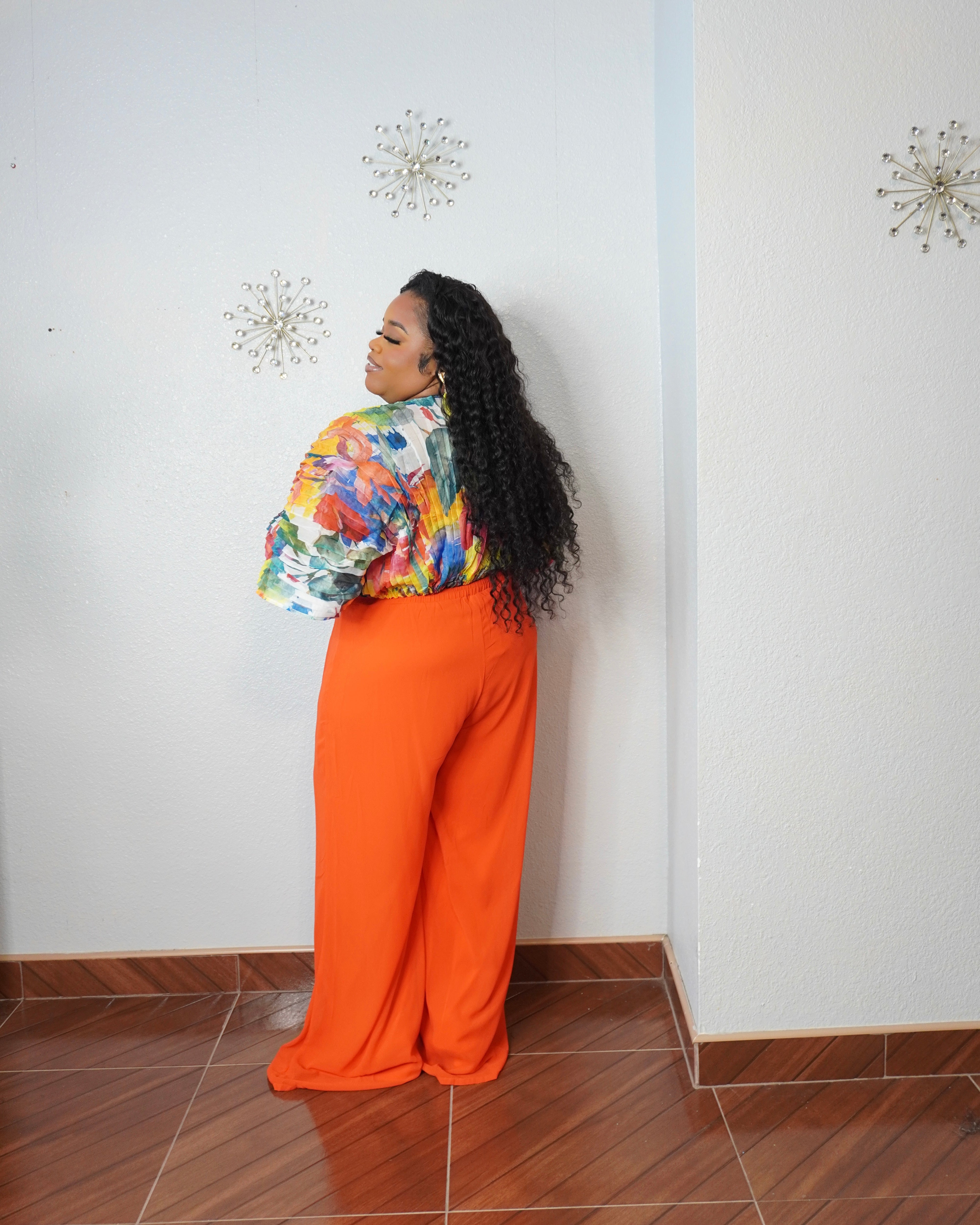 Plus size tall-friendly green wide-leg pants styled with white blouse