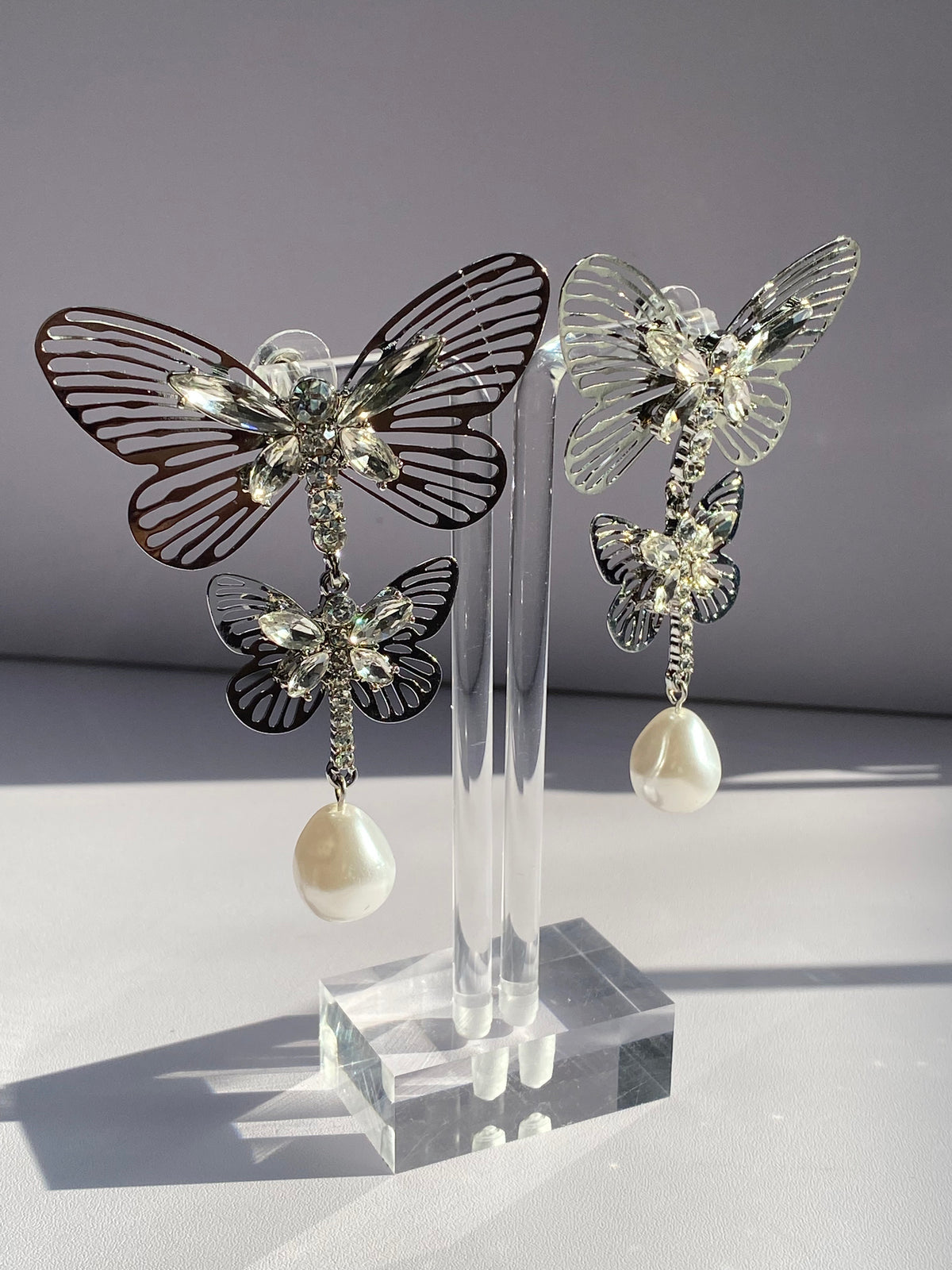 Silver Double Butterfly Pearl Earrings