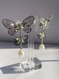 Silver Double Butterfly Pearl Earrings